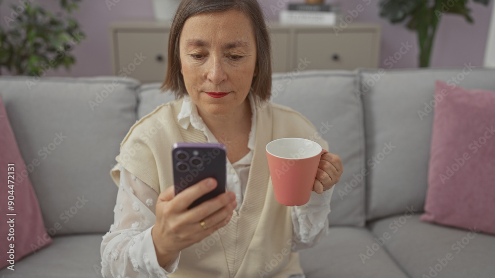 Mature woman holding mug while using smartphone on sofa indoors Mature woman holding mug while using smartphone on sofa indoors