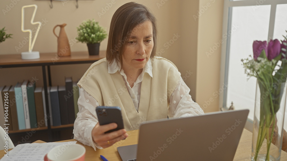 A middle-aged woman engages with a smartphone and laptop in a home office setting, exuding professionalism and focus. A middle-aged woman engages with a smartphone and laptop in a home office setting, exuding professionalism and focus.