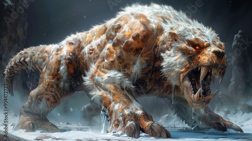 A ferocious snow-covered beast roars amidst a snowy landscape, showcasing its icy fangs and massive claws in a fearsome display of power.