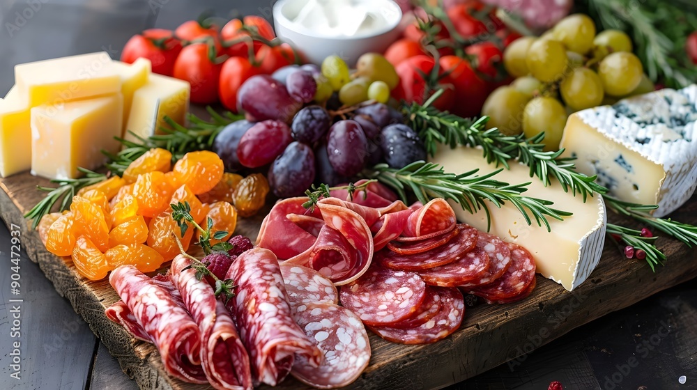 A wooden platter with a variety of meats and cheeses, including salami, grapes A wooden platter with a variety of meats and cheeses, including salami, grapes