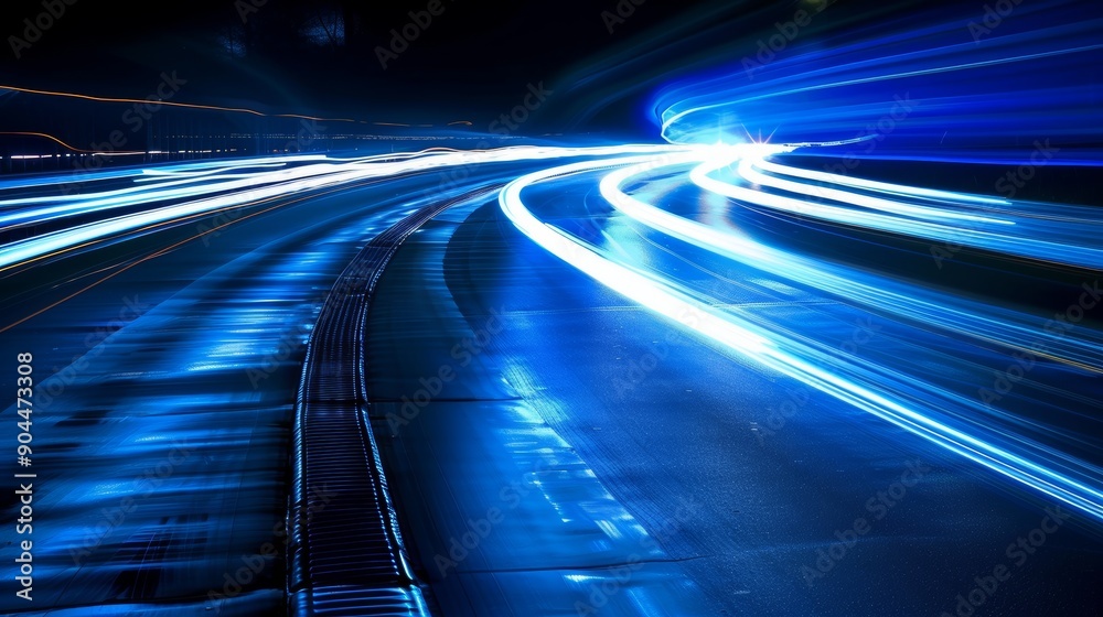 Blue Light Trails on a Winding Road, Night Photography, Long Exposure, Urban Landscape, Speed , Night , Abstract Blue Light Trails on a Winding Road, Night Photography, Long Exposure, Urban Landscape, Speed , Night , Abstract