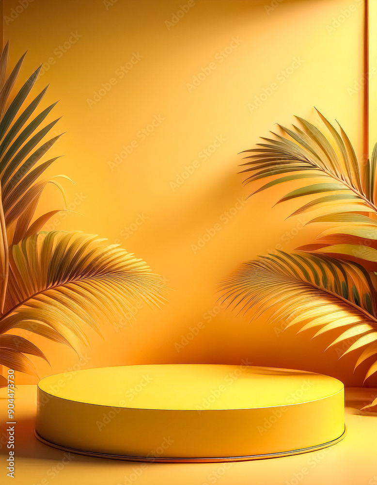 Minimalistic Yellow Product Display with Palm Leaves Minimalistic Yellow Product Display with Palm Leaves
