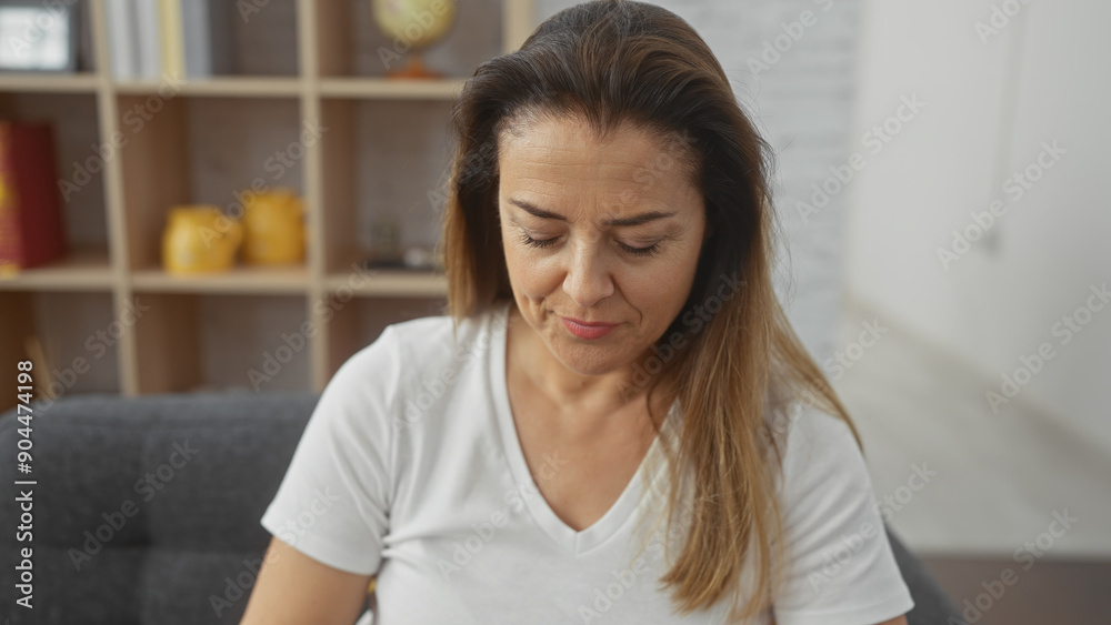 Contemplative hispanic woman sitting indoors with a modern home interior in the background. Contemplative hispanic woman sitting indoors with a modern home interior in the background.