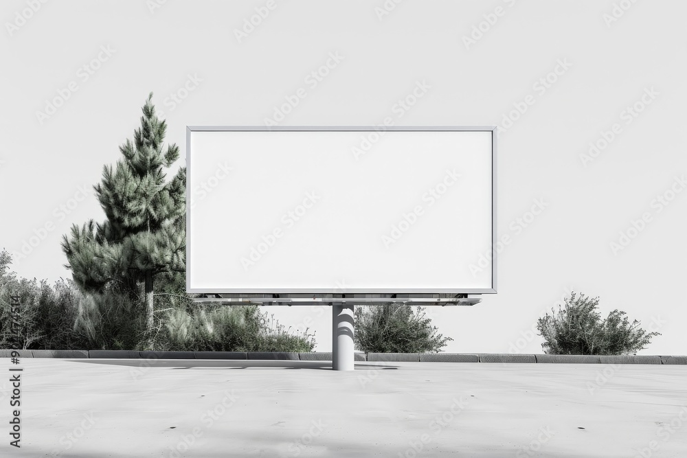Fototapeta premium This blank billboard with a simple frame is positioned in an outdoor environment, surrounded by natural elements like trees and bushes, perfect for advertising purposes.