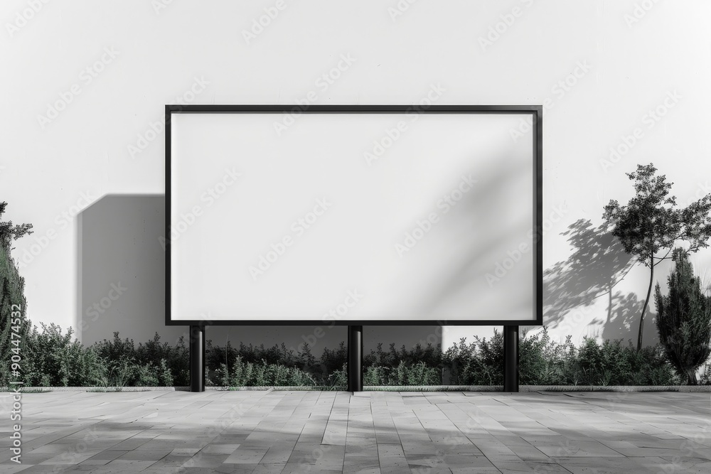 A large, blank billboard supported by two black posts stands on a modern landscaped area with greenery in the background and shadows cast on the ground. A large, blank billboard supported by two black posts stands on a modern landscaped area with greenery in the background and shadows cast on the ground.