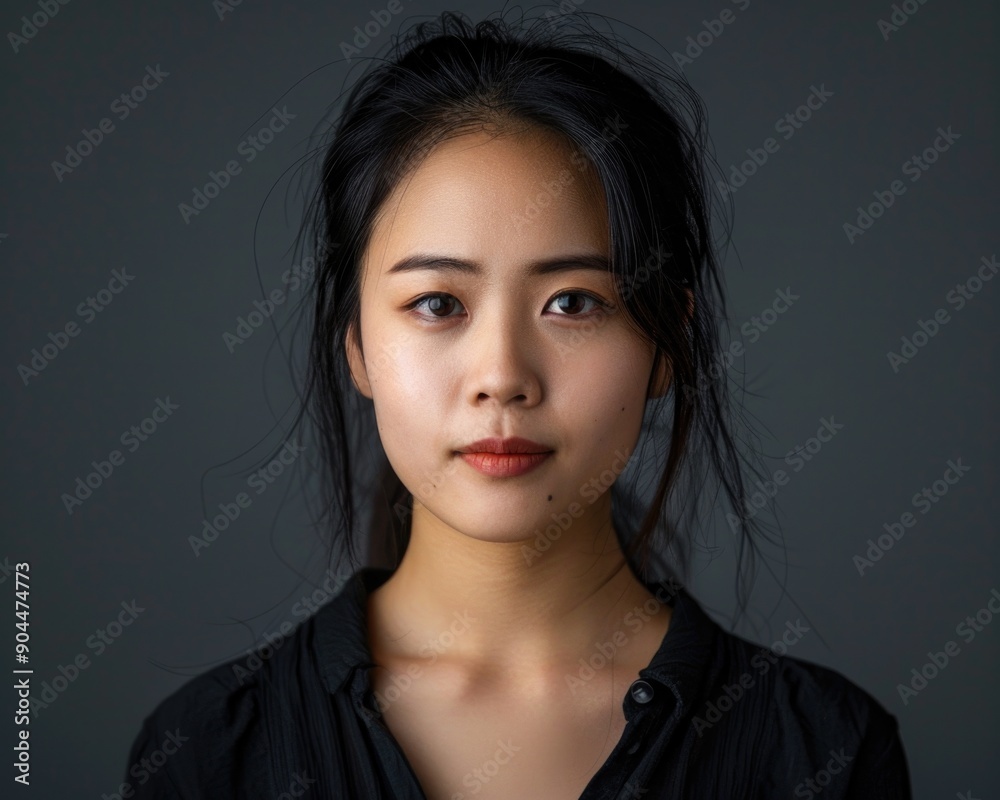 Asian Woman Face. Portrait of an Asian Woman in Casual Attire Against Studio Background Asian Woman Face. Portrait of an Asian Woman in Casual Attire Against Studio Background