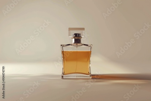 An amber-colored perfume bottle illuminated by warm lighting, creating a cozy and inviting atmosphere that emphasizes the richness and depth of its luxurious fragrance. photo