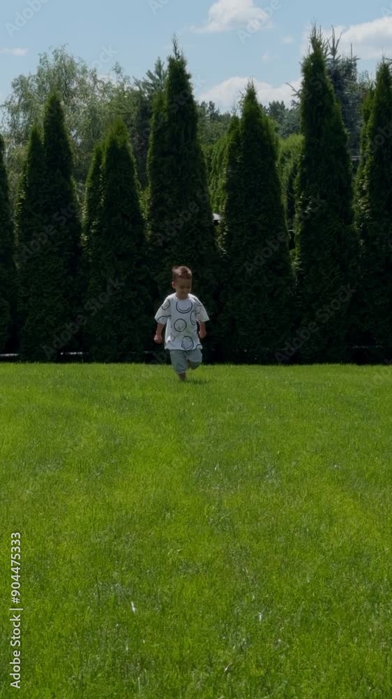 Energetic Caucasian baby approaching the camera. Happy toddler boy runs by soft green grass in summer. Vertical video. Energetic Caucasian baby approaching the camera. Happy toddler boy runs by soft green grass in summer. Vertical video.