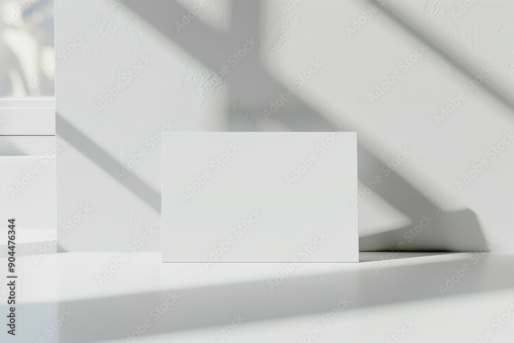 Fototapeta premium A white rectangular canvas is placed against a sunlit neutral background, casting elegant shadows that enhance the minimalist and modern style of this artistic setup.
