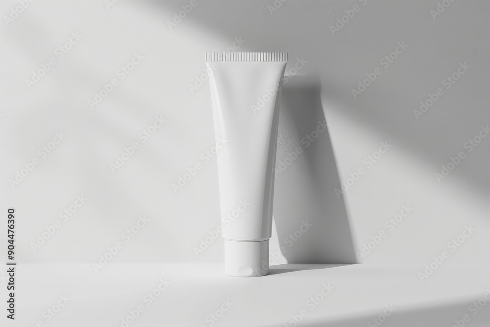 A white cosmetic tube is placed on a surface, with sunlight creating a dramatic shadow. The sharp contrast between the light and shadow gives a striking visual appeal. A white cosmetic tube is placed on a surface, with sunlight creating a dramatic shadow. The sharp contrast between the light and shadow gives a striking visual appeal.