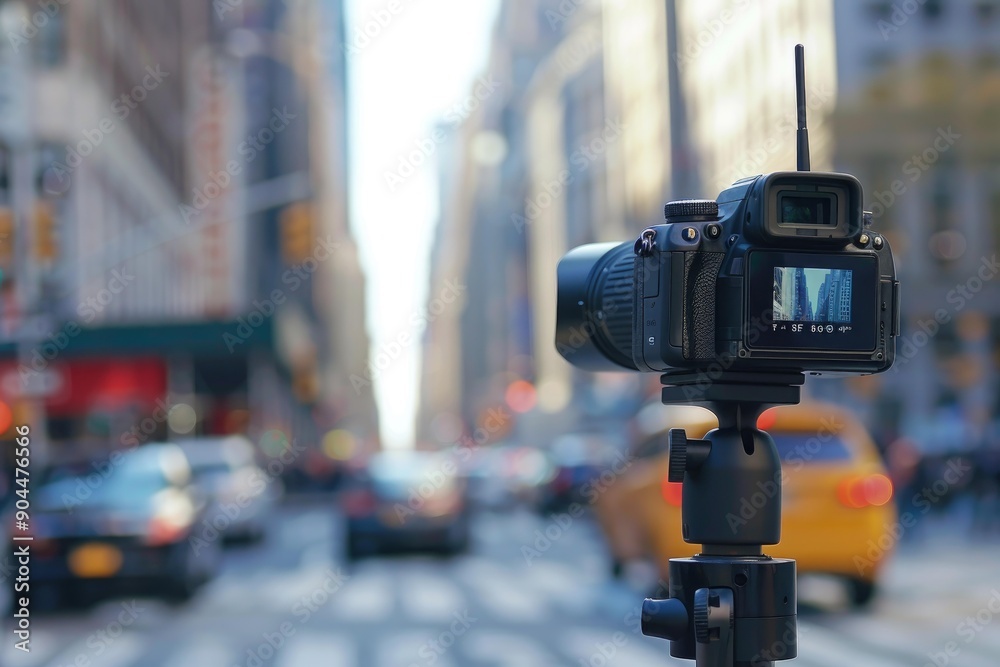 Camera standing on tripod is recording timelapse of busy new york city street Camera standing on tripod is recording timelapse of busy new york city street