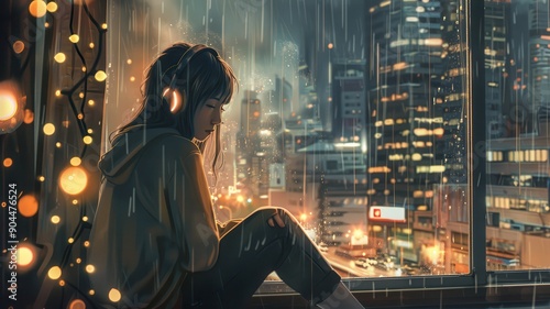 Lofi anime girl wearing hea...