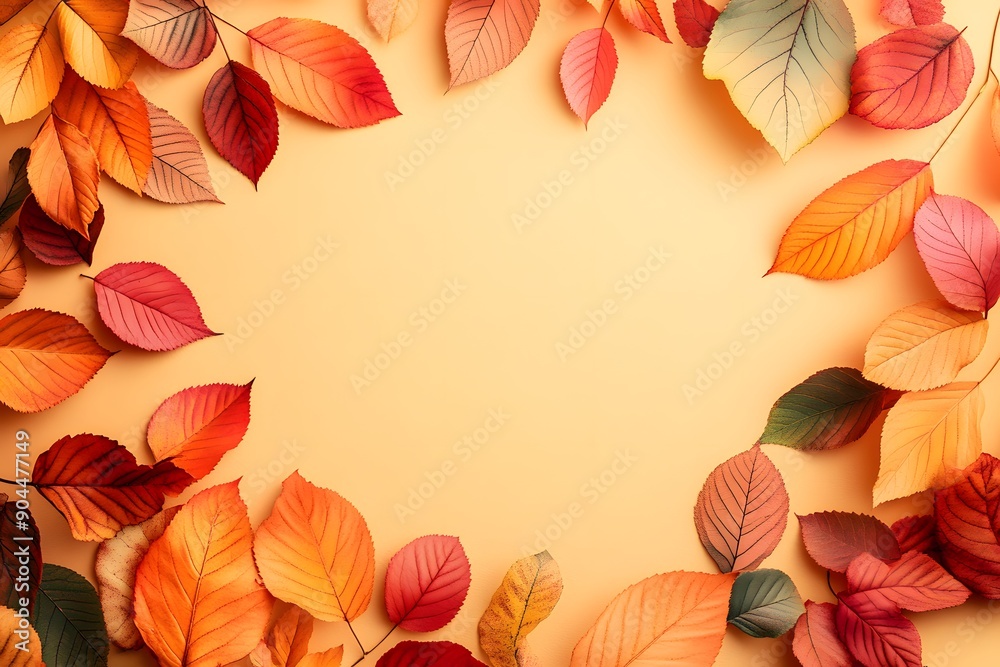 Colorful autumn leaves arranged on a soft yellow background creating a natural frame Colorful autumn leaves arranged on a soft yellow background creating a natural frame