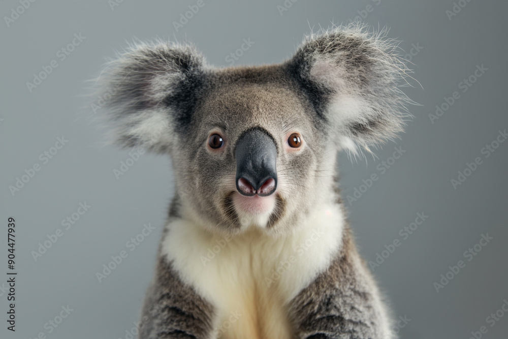 Fototapeta premium Medium shot portrait of adorable fluffy koala bear on grey studio background
