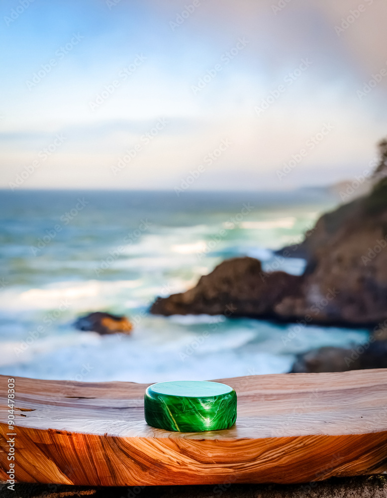 Green Stone on Wooden Surface with Coastal Background Green Stone on Wooden Surface with Coastal Background