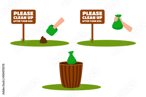 Clean up after your dog. Bag with dog poop. Hygienic dog bag with poop. Flat hand drawn illustration. Cleaning the park after walking pets. Vector illustration.Concept of keeping the environment clean