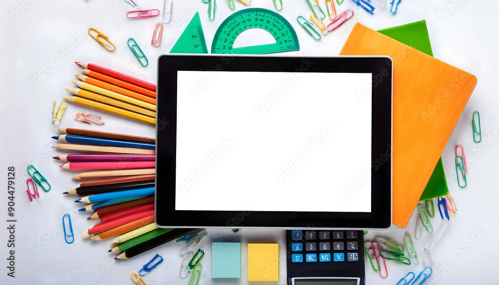 Back to school, online education concept. Tablet mockup with blank screen and colorful school Back to school, online education concept. Tablet mockup with blank screen and colorful school
