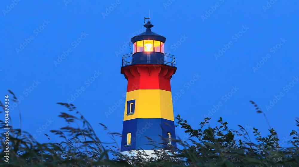 A red, yellow, and blue lighthouse stands tall with a beacon shining on its peak, against a serene blue sky A red, yellow, and blue lighthouse stands tall with a beacon shining on its peak, against a serene blue sky