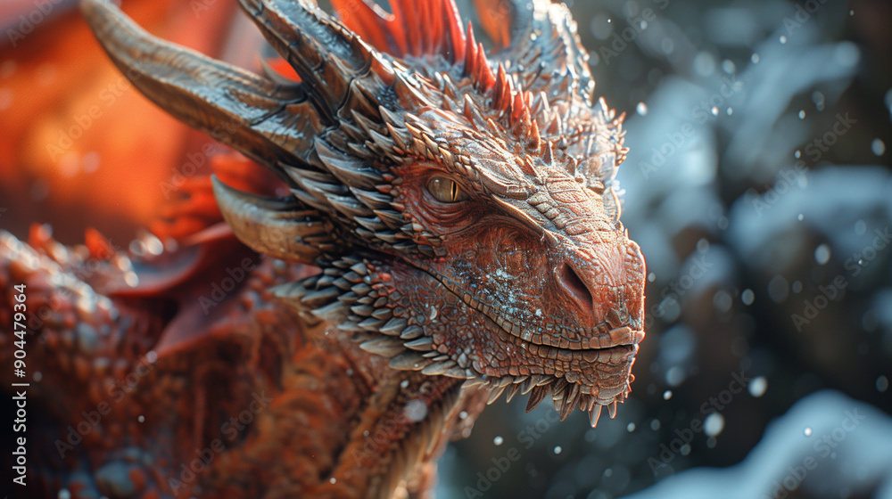 A majestic red dragon with detailed scales and fierce eyes in a snowy landscape, exuding power and mythical presence. A majestic red dragon with detailed scales and fierce eyes in a snowy landscape, exuding power and mythical presence.