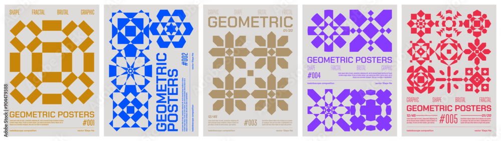 Geometric art colorful trendy poster, abstract kaleidoscope composition graphic in Y2K aesthetics, vector simple shapes rave print artwork modernism and minimalistic brutal style A4 format