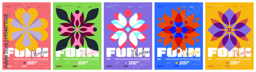 Floral ornament art colorful trendy poster, abstract geometric composition graphic in Y2K aesthetics, vector simple shapes acid print artwork modernism and minimalistic brutal style A4 format