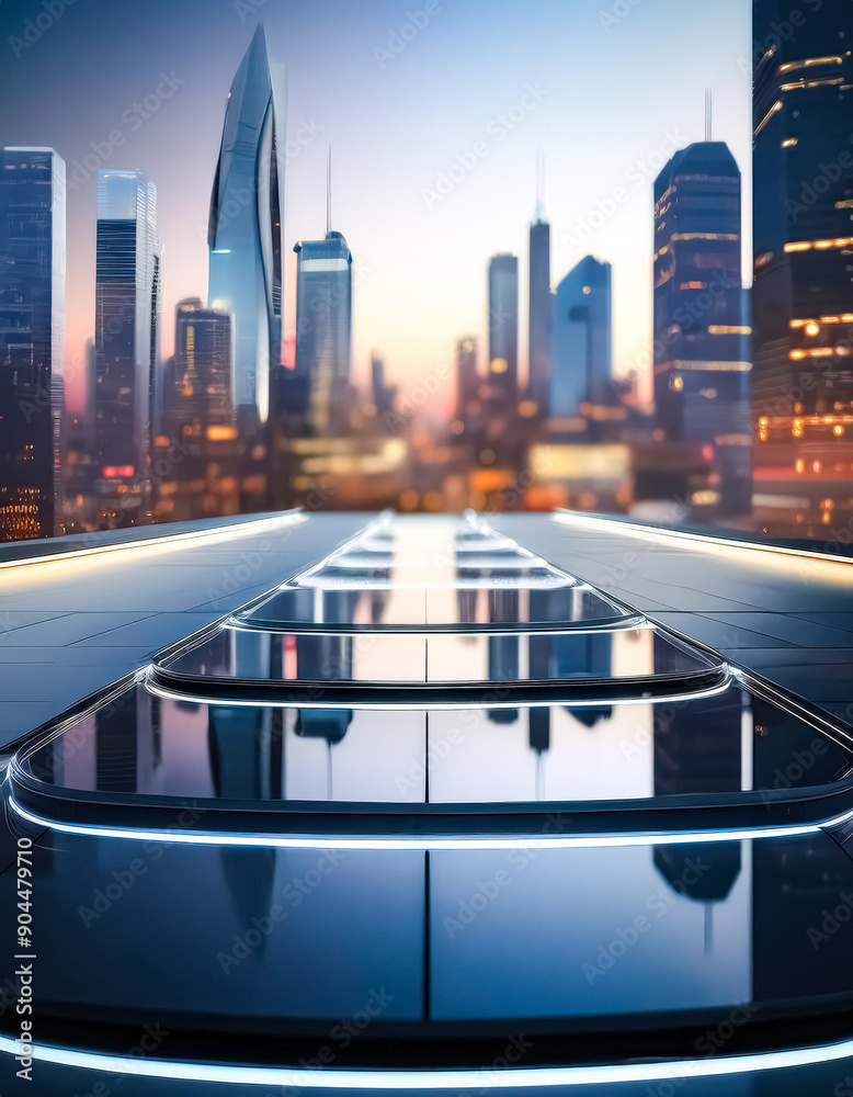 Fototapeta premium Futuristic Cityscape with Reflective Platform