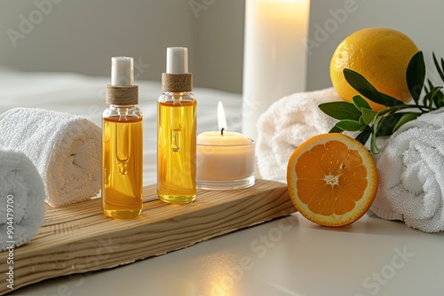 Relaxing Spa Setup With Oils, Candle, and Fresh Oranges in Tranquil Atmosphere. Generative AI