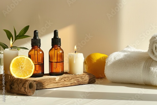 Spa Day Essentials With Aromatherapy Oils and Relaxing Candles in Bright Light. Generative AI