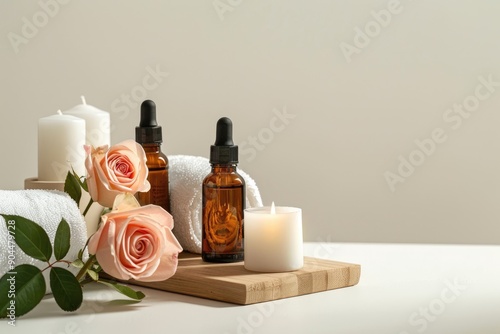 Spa Essentials With Essential Oils, Candles, and Fresh Roses on a Wooden Tray. Generative AI
