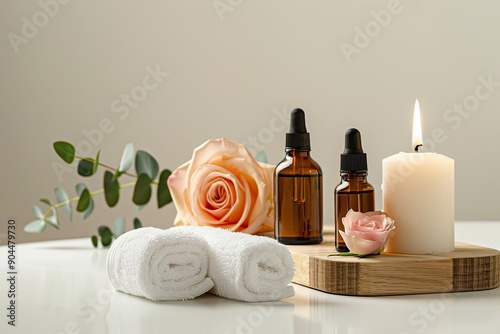Relaxing Spa Setup With Essential Oils, Towels, Candle, and Fresh Flower. Generative AI