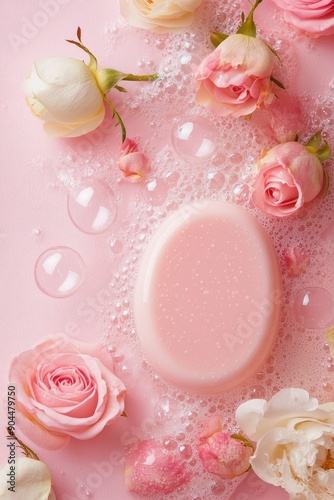 Pink Soap Surrounded by Fresh Roses and Bubbles on a Soft Pink Background. Generative AI