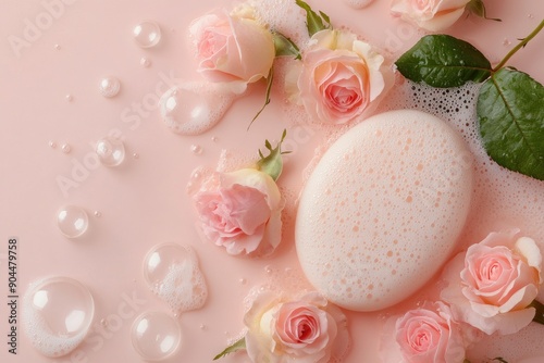 Relaxing Spa Setup With Soft Soap and Pink Roses on a Pink Surface. Generative AI