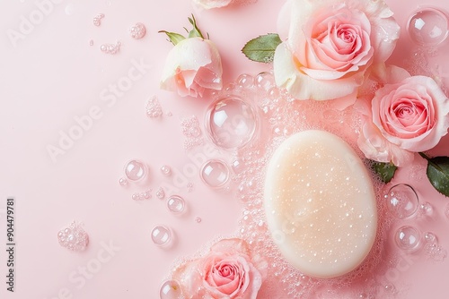 Delicate Pink Roses Surrounding Creamy Soap With Bubbles on Soft Pink Surface. Generative AI