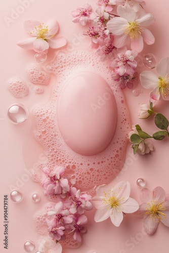 Delicate Pink Egg Surrounded by Flowers and Bubbles on Soft Pink Background. Generative AI