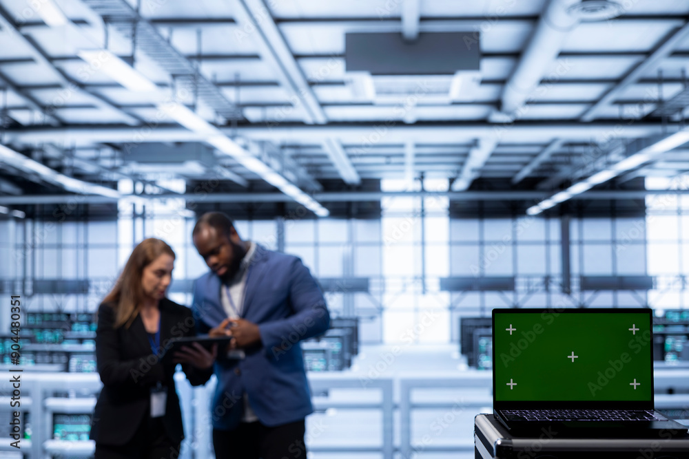 Software developers using green screen laptop in data center, making sure rigs are functioning optimally. Experts in server room using chroma key laptop to monitor energy consumption Software developers using green screen laptop in data center, making sure rigs are functioning optimally. Experts in server room using chroma key laptop to monitor energy consumption