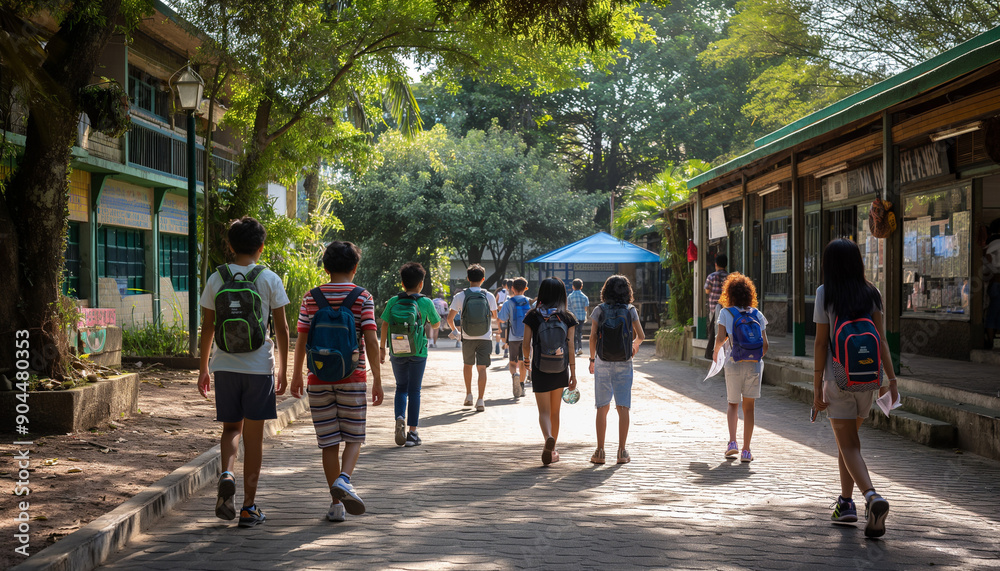 Obraz premium A diverse group of children with backpacks walk down a tree-lined school pathway on a sunny day.