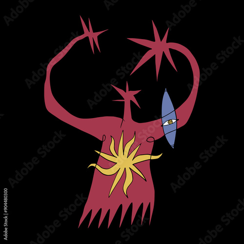 Cartoon ethnic abstract red goddess, boho mythology character mascot groovy whimsical flat art. Doodle stellar celestial cute astronomy and astrology details. Hand-drawn solstice Midsommar Litha