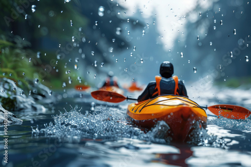 Mens canoeing competition on a mountain river. A rower in a boat