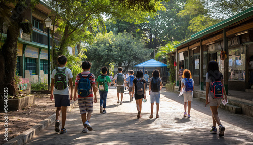 A diverse group of children with backpacks walk down a tree-lined school pathway on a sunny day.