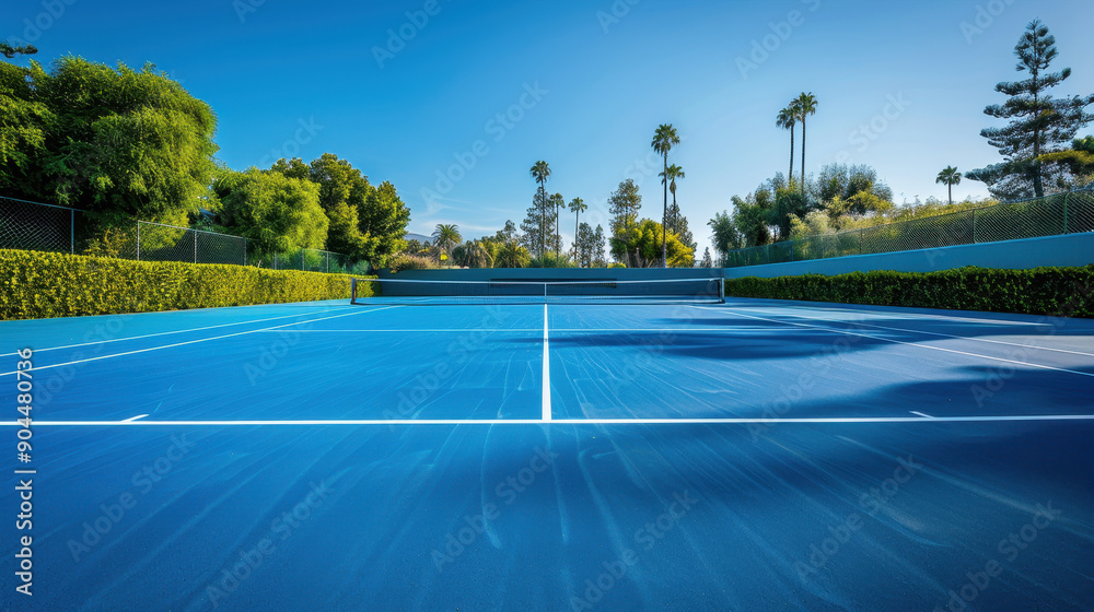 Obraz premium A tennis court with a blue background and white lines