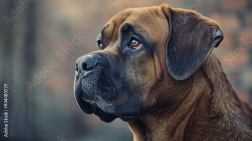 The boxer dog sits calmly, gazing thoughtfully into the distance, with soft, warm light highlighting its expressive features during a peaceful outdoor moment.