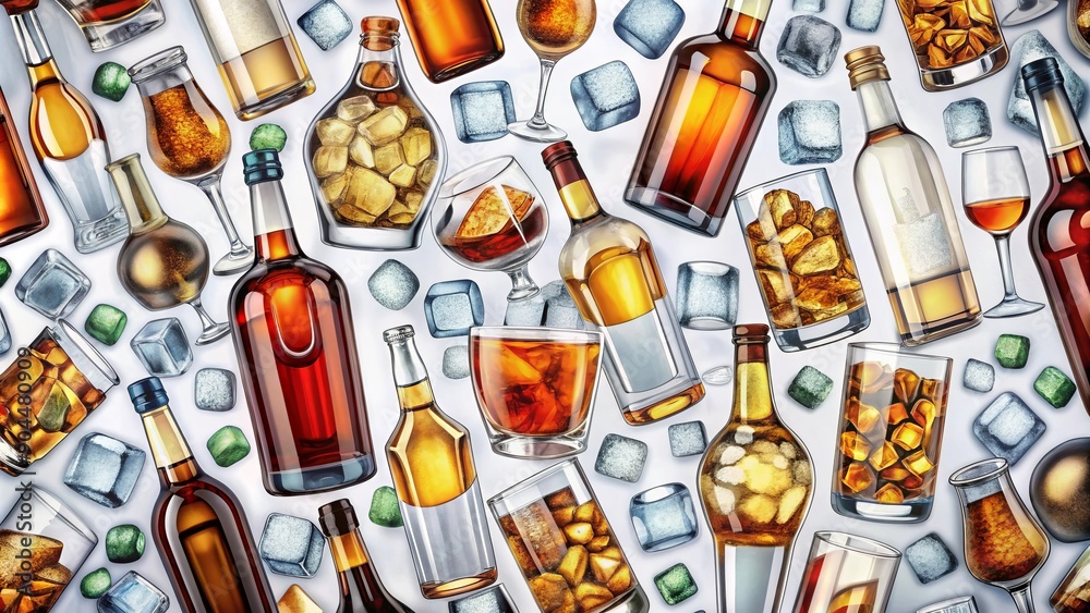 Pattern with alcohol. Ice, whiskey, bottles of booze. Pattern with alcohol. Ice, whiskey, bottles of booze.
