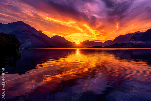 Ethereal Serenity: A Golden Sunset Over a Perfectly Reflective Lake, Framed by Majestic Mountains