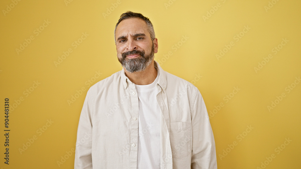 A handsome senior hispanic man with a beard and grey hair posing against an isolated yellow background