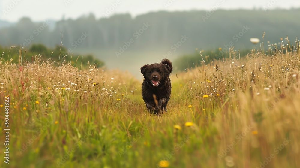 Newfoundland running through a field, wide shot. 