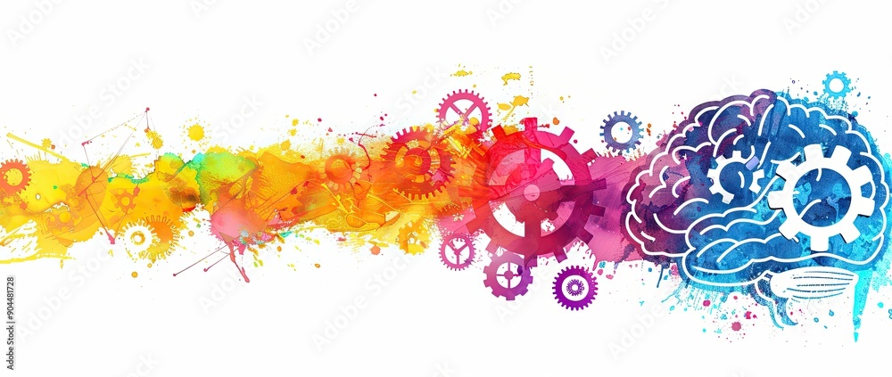 Abstract digital illustration of colorful splash paint and gears forming the silhouette of an AI brain representing artificial intelligence technology on white background with copy space Generative AI Abstract digital illustration of colorful splash paint and gears forming the silhouette of an AI brain representing artificial intelligence technology on white background with copy space Generative AI