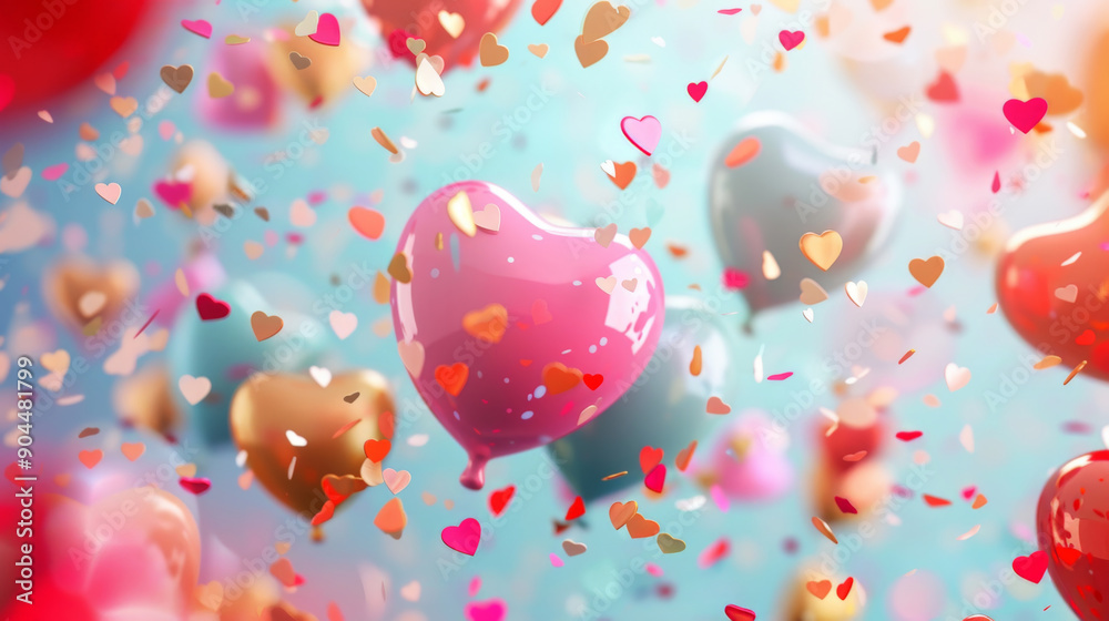 Floating Heart Balloons with Confetti on Blue Background Floating Heart Balloons with Confetti on Blue Background