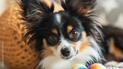 Papillon with a toy, close-up.