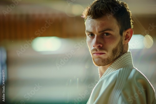 A determined martial artist in a white uniform, staring intently at the camera, ready to showcase his skills and execute his next move with precision. photo