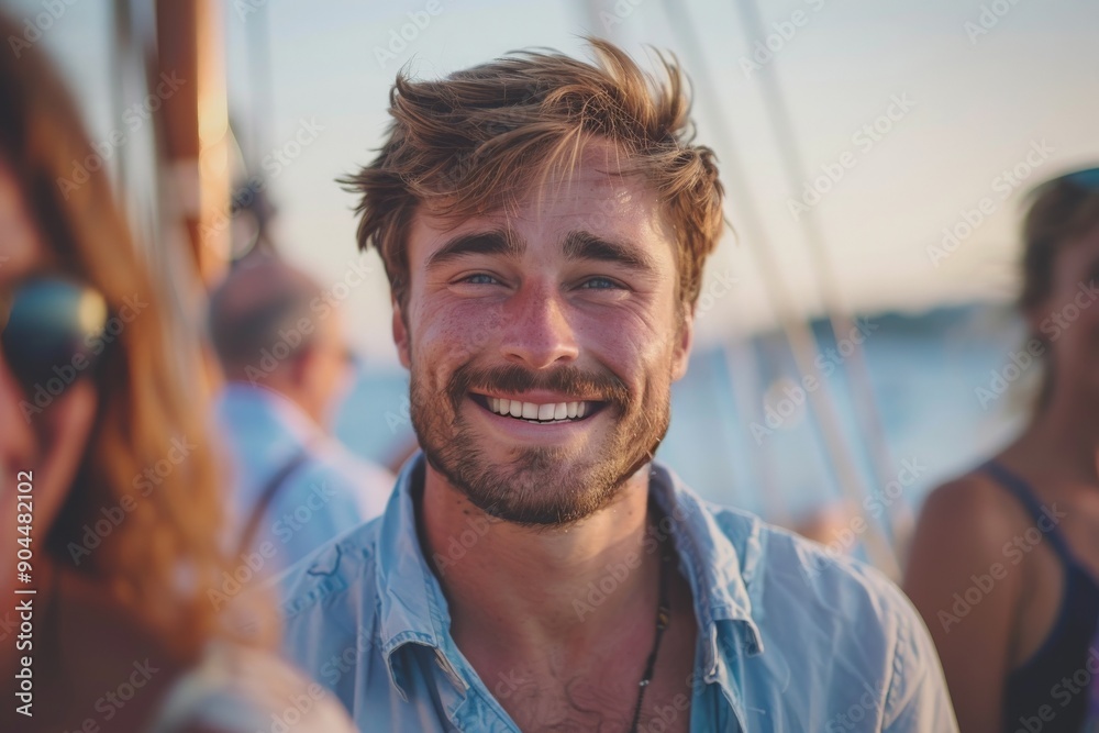 A man with tousled hair and a blue shirt smiles warmly while sailing, enjoying the serene sunset over the water, creating a tranquil and joyous atmosphere with friends. A man with tousled hair and a blue shirt smiles warmly while sailing, enjoying the serene sunset over the water, creating a tranquil and joyous atmosphere with friends.